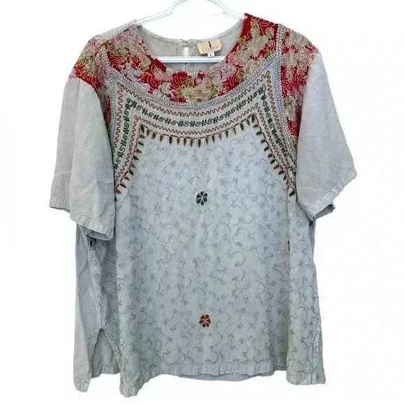 ANNMAI 100% cotton, lightweight, roomy tunic w embroidery and trim, light grey - Picture 3 of 8
